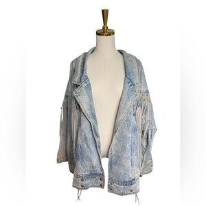 Vintage Rock Creek Fringed Acid-Wash Leather Fringe Denim Jacket Size 18W